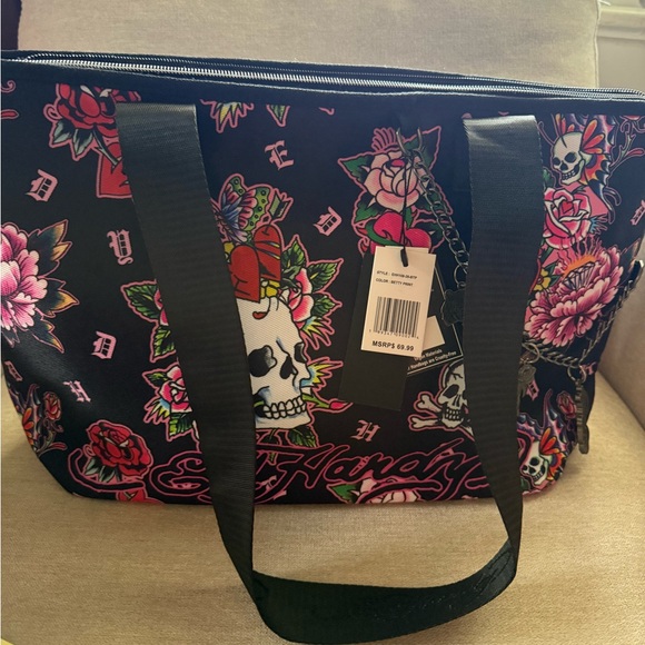 ED HARDY ICONIC TATTOOS TOTE W CHARM CHAIN Skulls Hearts Roses Vegan - Picture 14 of 16